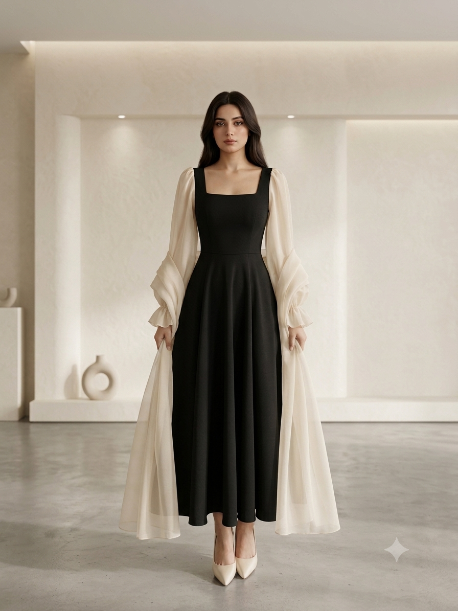 Western Style Elegant Lawn Maxi Dress with Chiffon Sleeves | Women's Premium Modest Wear