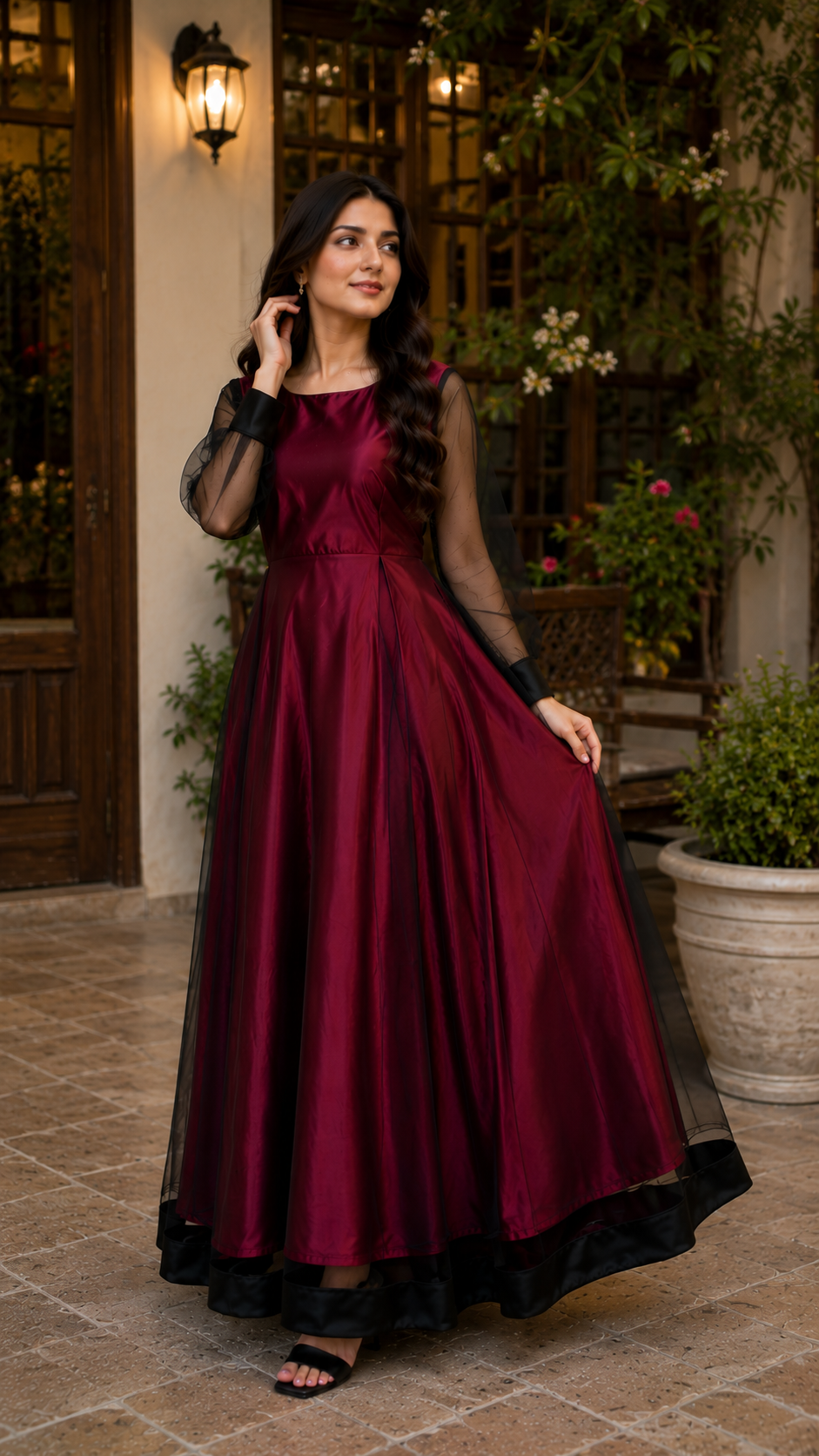 Black & Maroon Net Maxi Frock|Net & Silk fabric| Premium Quality