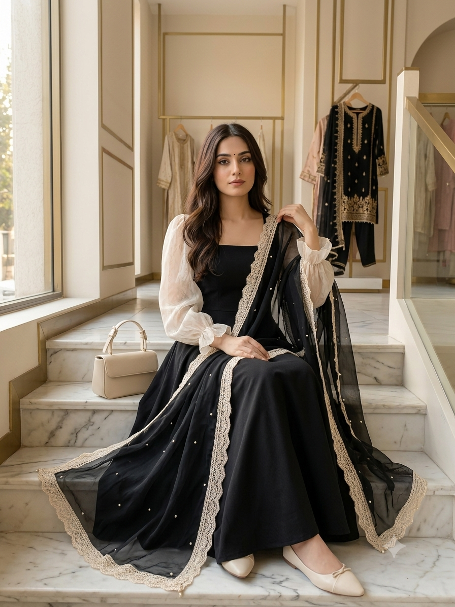 Western Style Elegant Lawn Maxi Dress with Chiffon Sleeves | Women's Premium Modest Wear