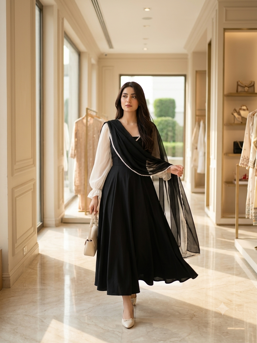 Western Style Elegant Lawn Maxi Dress with Chiffon Sleeves | Women's Premium Modest Wear