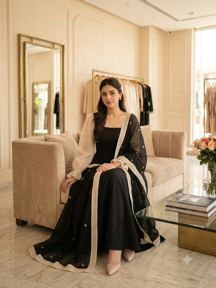 Western Style Elegant Lawn Maxi Dress with Chiffon Sleeves | Women's Premium Modest Wear