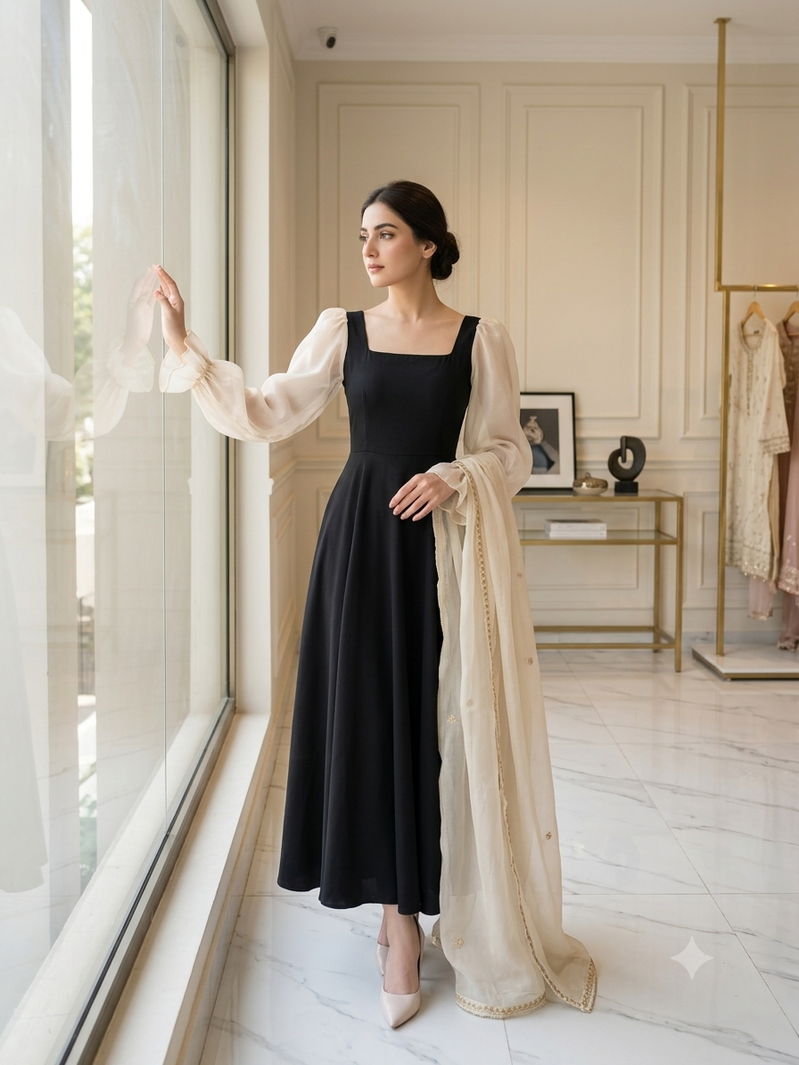 Western Style Elegant Lawn Maxi Dress with Chiffon Sleeves | Women's Premium Modest Wear