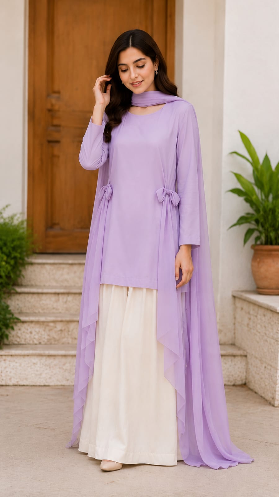 Premium Cotton Bow Shirt with Wide Leg Plazo – Women's 2 Piece Modest Co-Ord Set