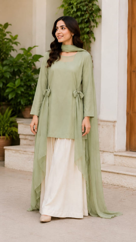 Premium Cotton Bow Shirt with Wide Leg Plazo – Women's 3 Piece Modest dress
