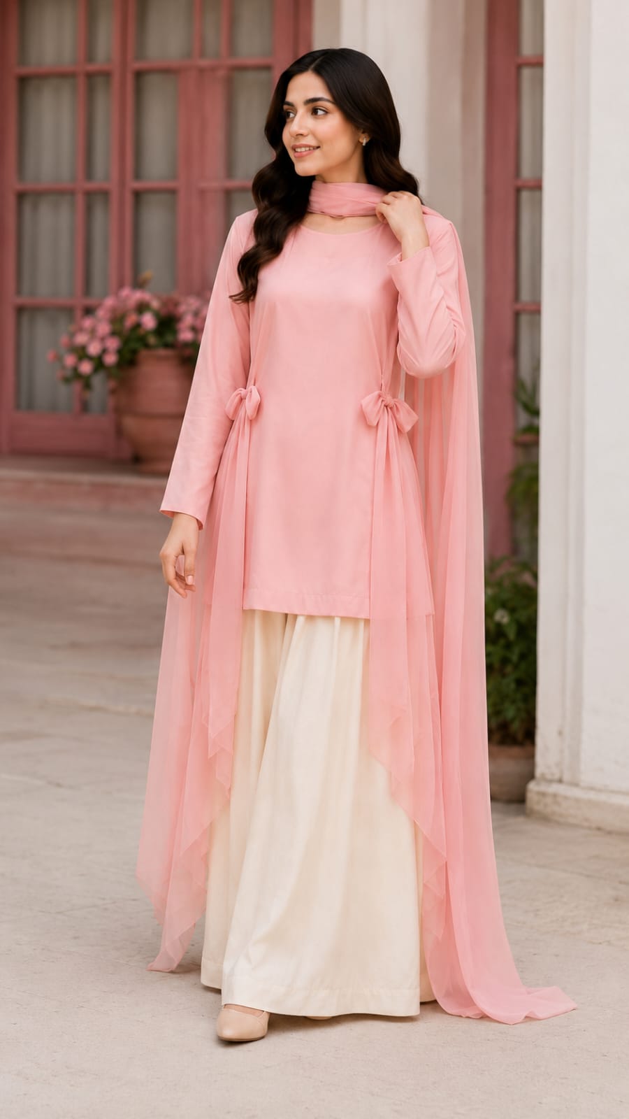 Premium Cotton Bow Shirt with Wide Leg Plazo – Women's 2 Piece Modest Co-Ord Set