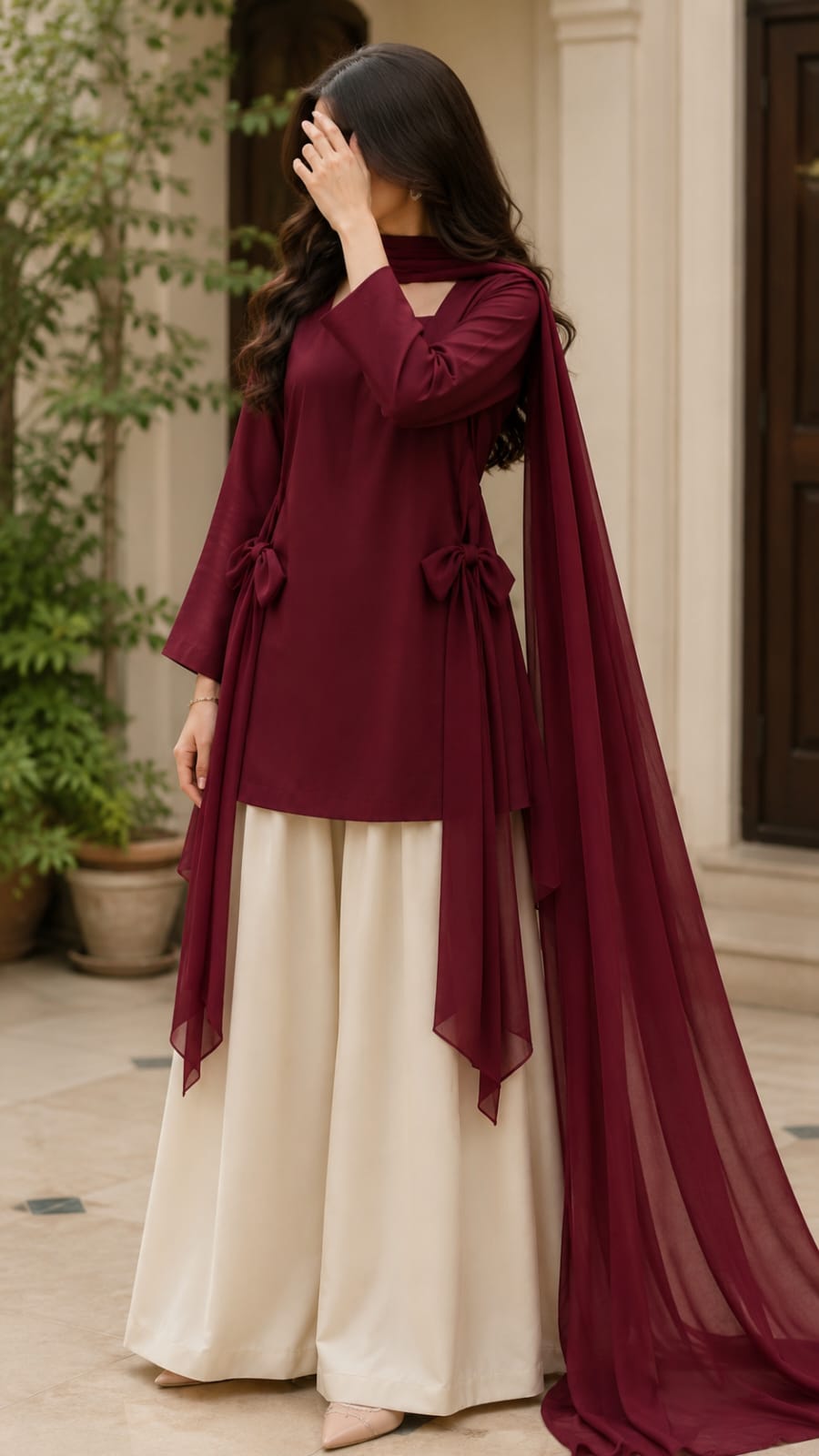 Premium Cotton Bow Shirt with Wide Leg Plazo – Women's 2 Piece Modest Co-Ord Set