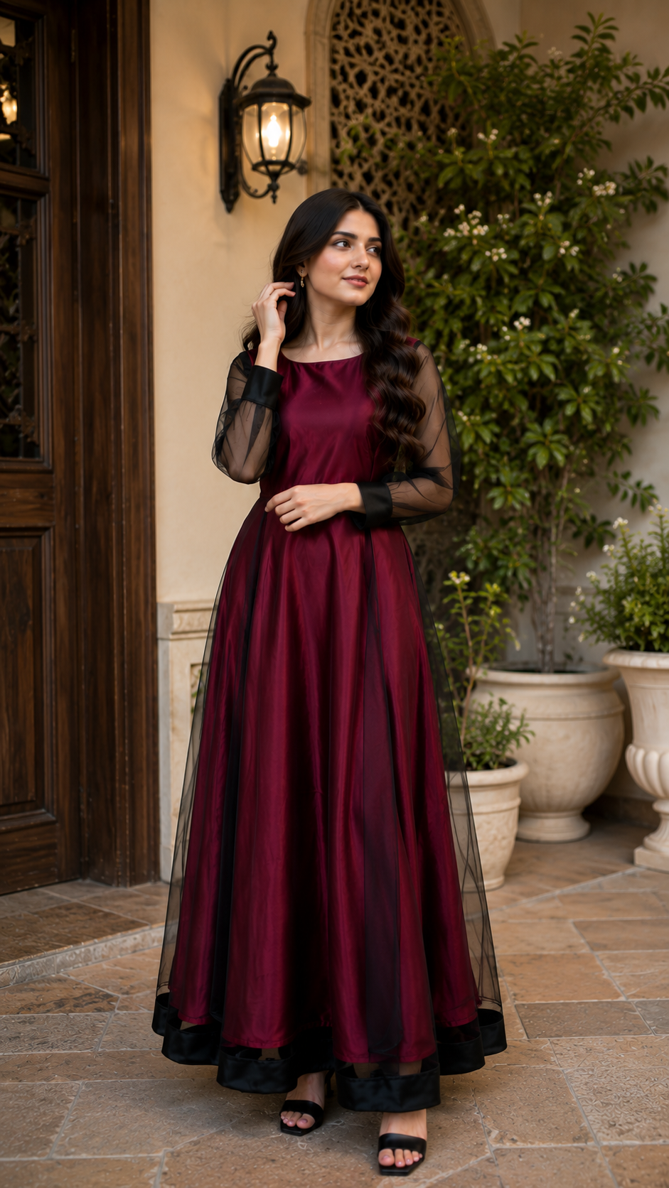 Black & Maroon Net Maxi Frock|Net & Silk fabric| Premium Quality