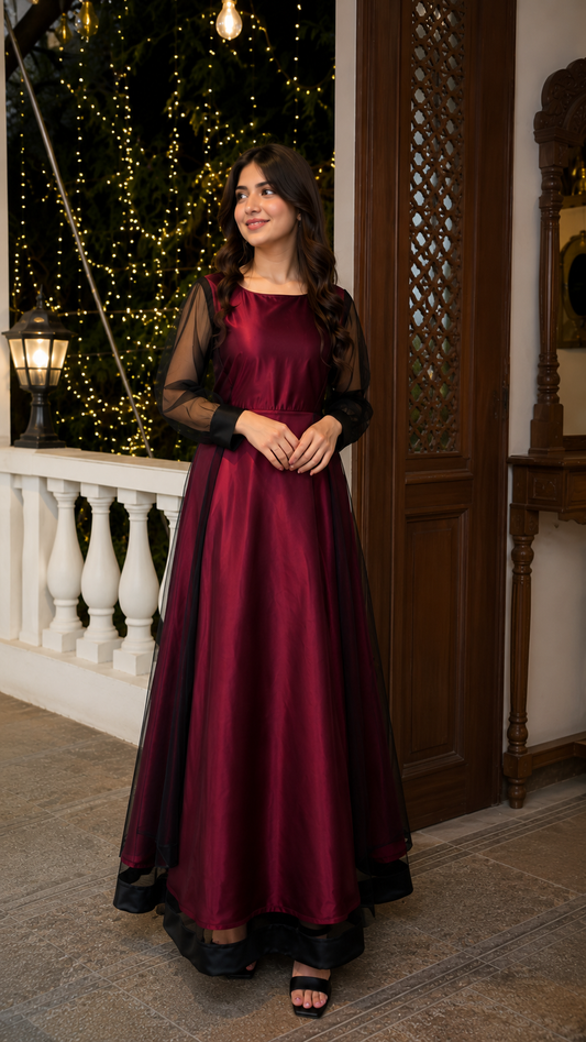 Black & Maroon Net Maxi Frock|Net & Silk fabric| Premium Quality