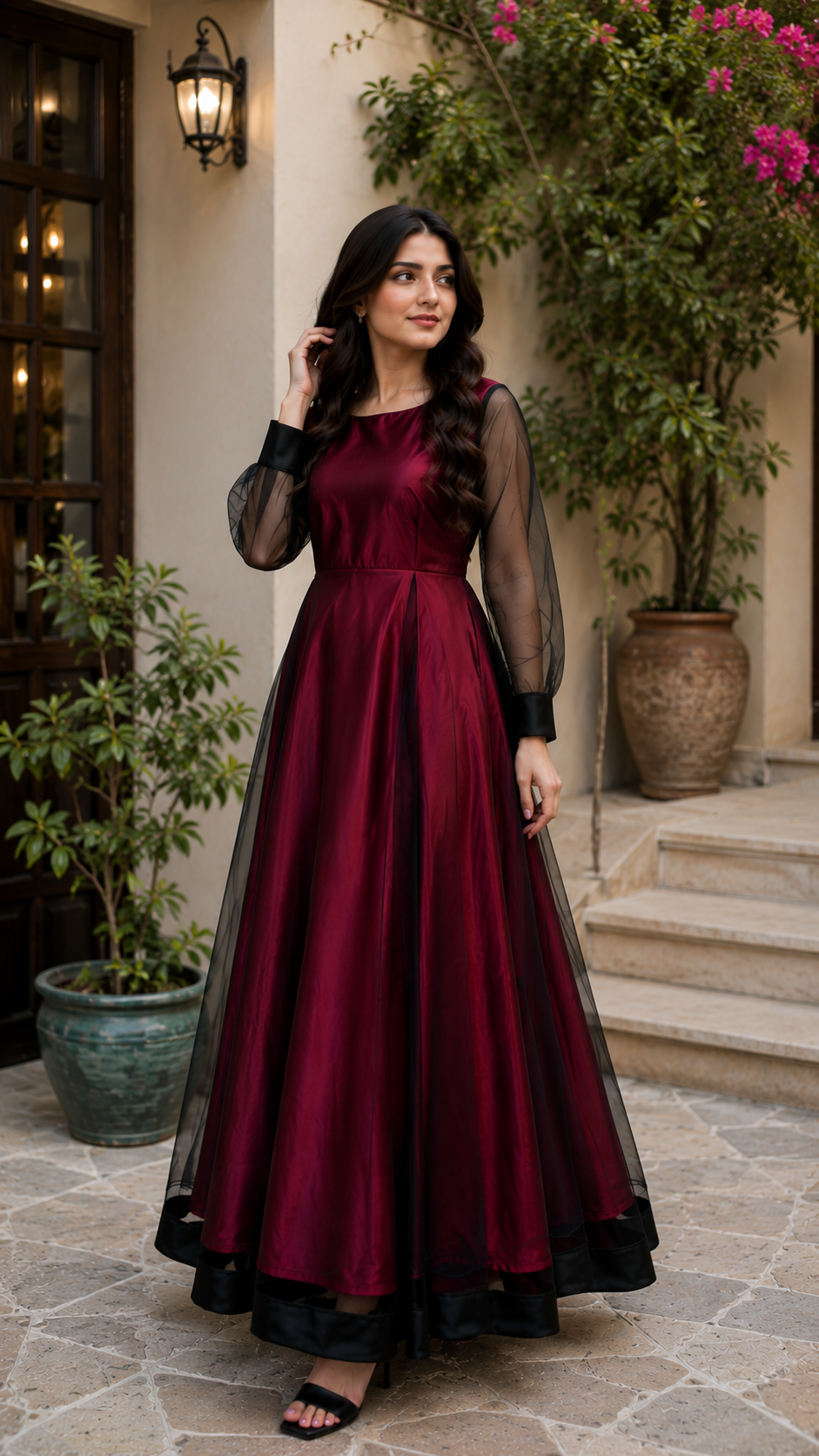 Black & Maroon Net Maxi Frock|Net & Silk fabric| Premium Quality