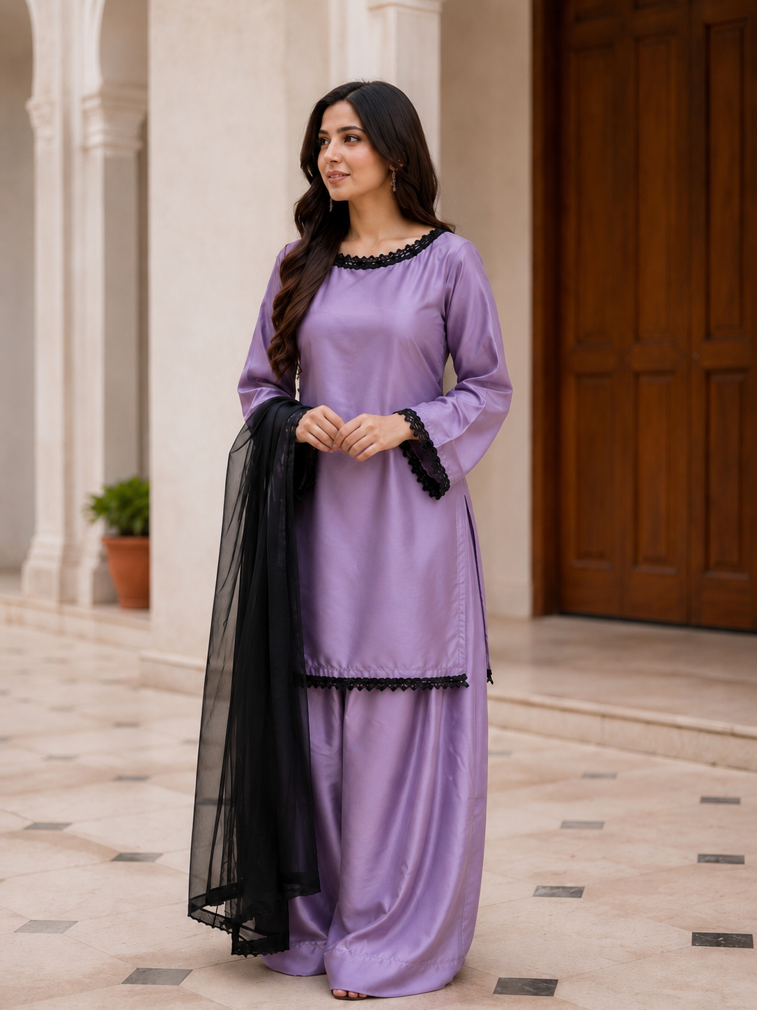 Elegant Korean Silk Dress with Chiffon Dupatta|Premium fabric