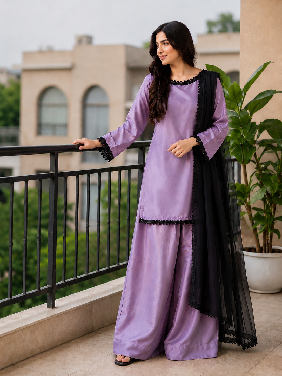Elegant Korean Silk Dress with Chiffon Dupatta|Premium fabric