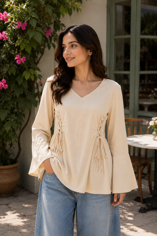 Corset Lace-Up Cotton Kurti with Bell Sleeves|Premium cotton |Summer fabric