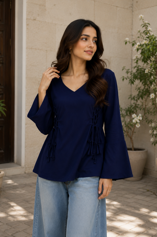 Corset Lace-Up Cotton Kurti with Bell Sleeves|Premium cotton |Summer fabric