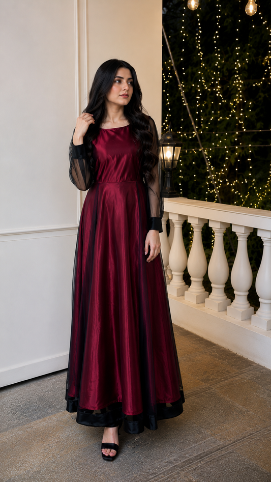 Black & Maroon Net Maxi Frock|Net & Silk fabric| Premium Quality