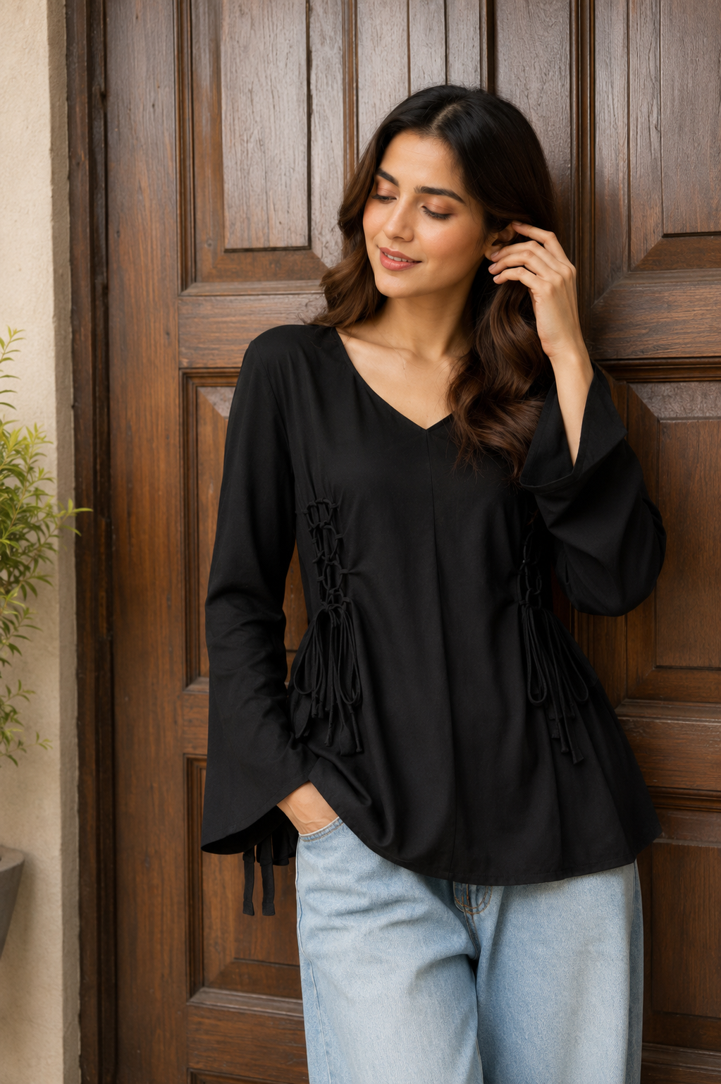 Corset Lace-Up Cotton Kurti with Bell Sleeves|Premium cotton |Summer fabric