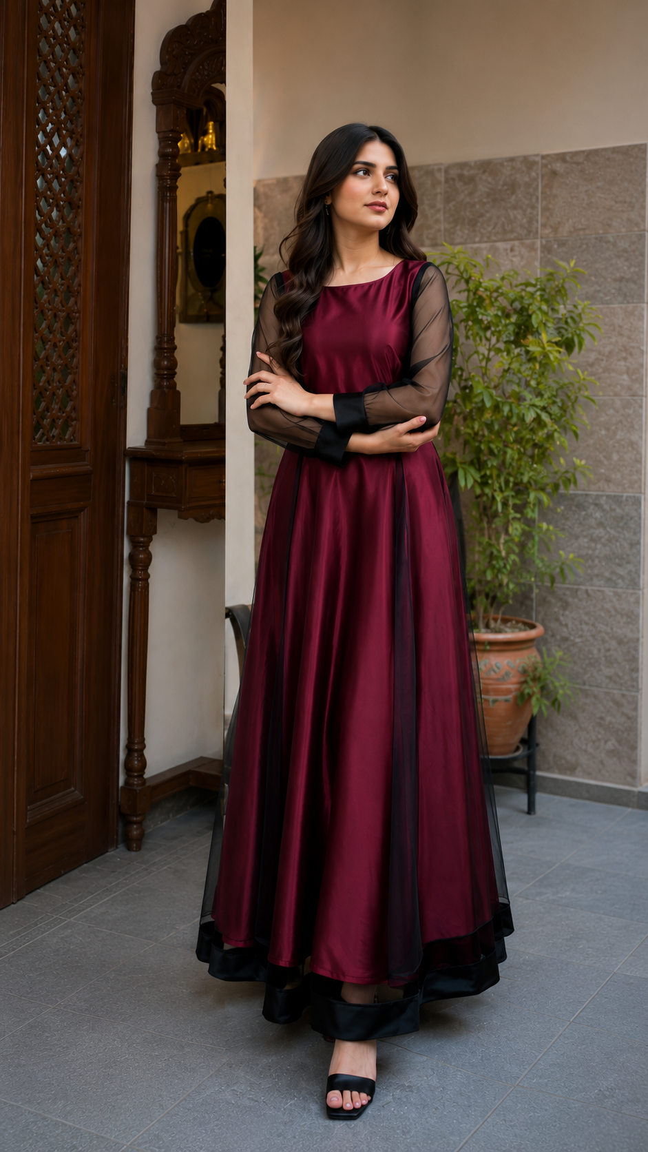 Black & Maroon Net Maxi Frock|Net & Silk fabric| Premium Quality